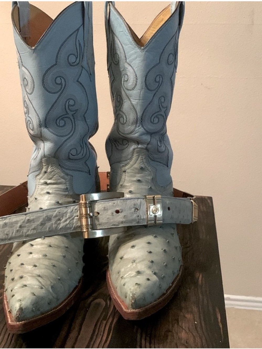 Light Blue Ostrich Leather Cowboy Boots with Matching Belt